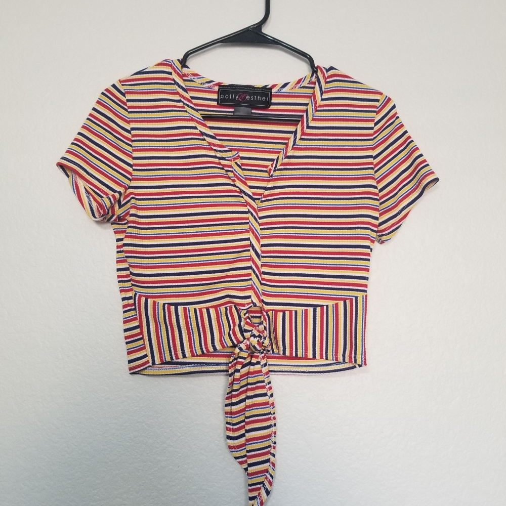 Striped Colorful Front Tie Cropped Shirt